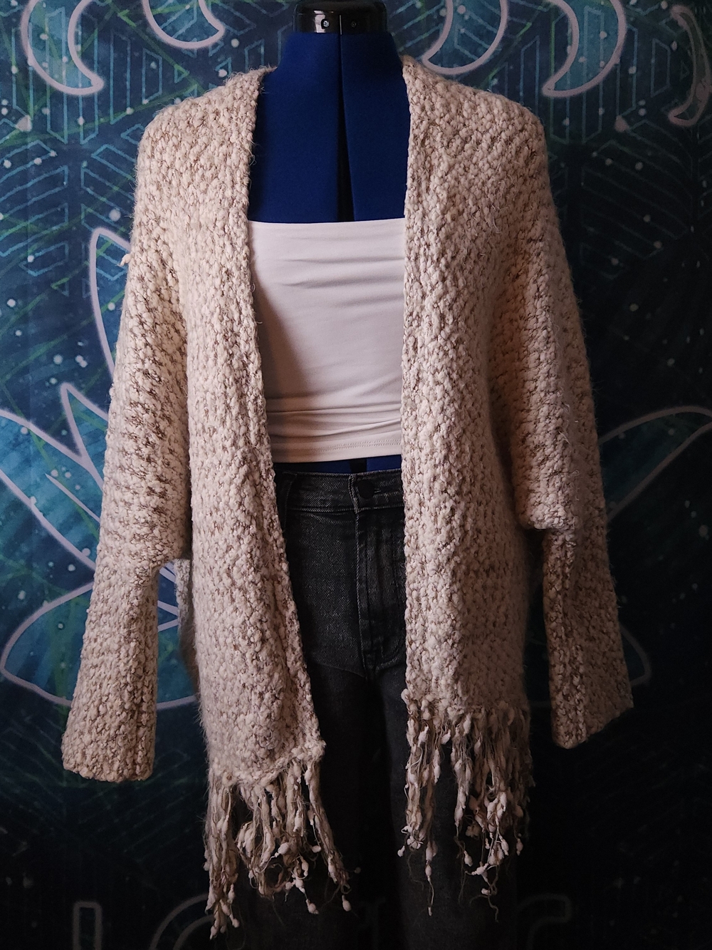 Umgee Cuddle Up Fringe Cocoon Cardigan Chunky Knit Fringe Size S/M Cream